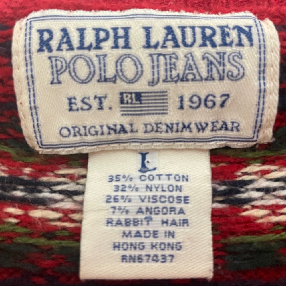 Vintage Ralph Lauren Polo Jeans Sweater Women's Large Red Fair Isle Angora Blend - Picture 6 of 10